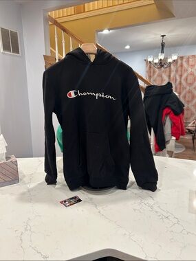 Champion Black Hoodie with White Script Logo